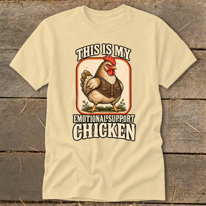 Cream t-shirt with a chicken graphic and text "This Is My Emotional Support Chicken".