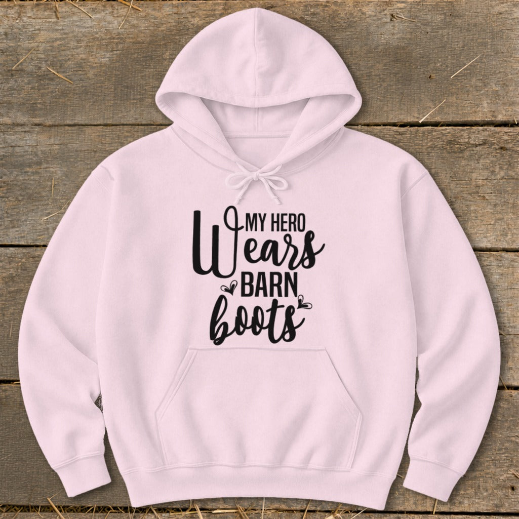 Pink hoodie with black text "My Hero Wears Barn Boots"