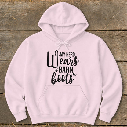 Pink hoodie with black text "My Hero Wears Barn Boots"