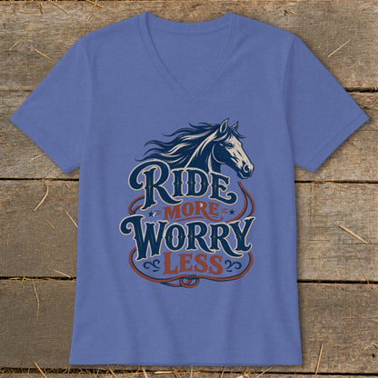 Blue v-neck t-shirt with a horse graphic and text "Ride More Worry Less".