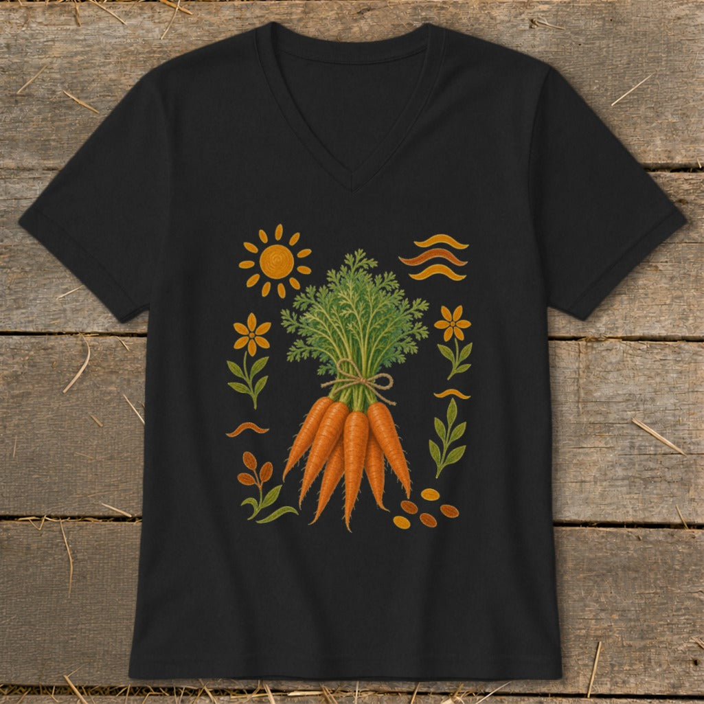 Black t-shirt with a bunch of carrots, sun, and flowers graphic.