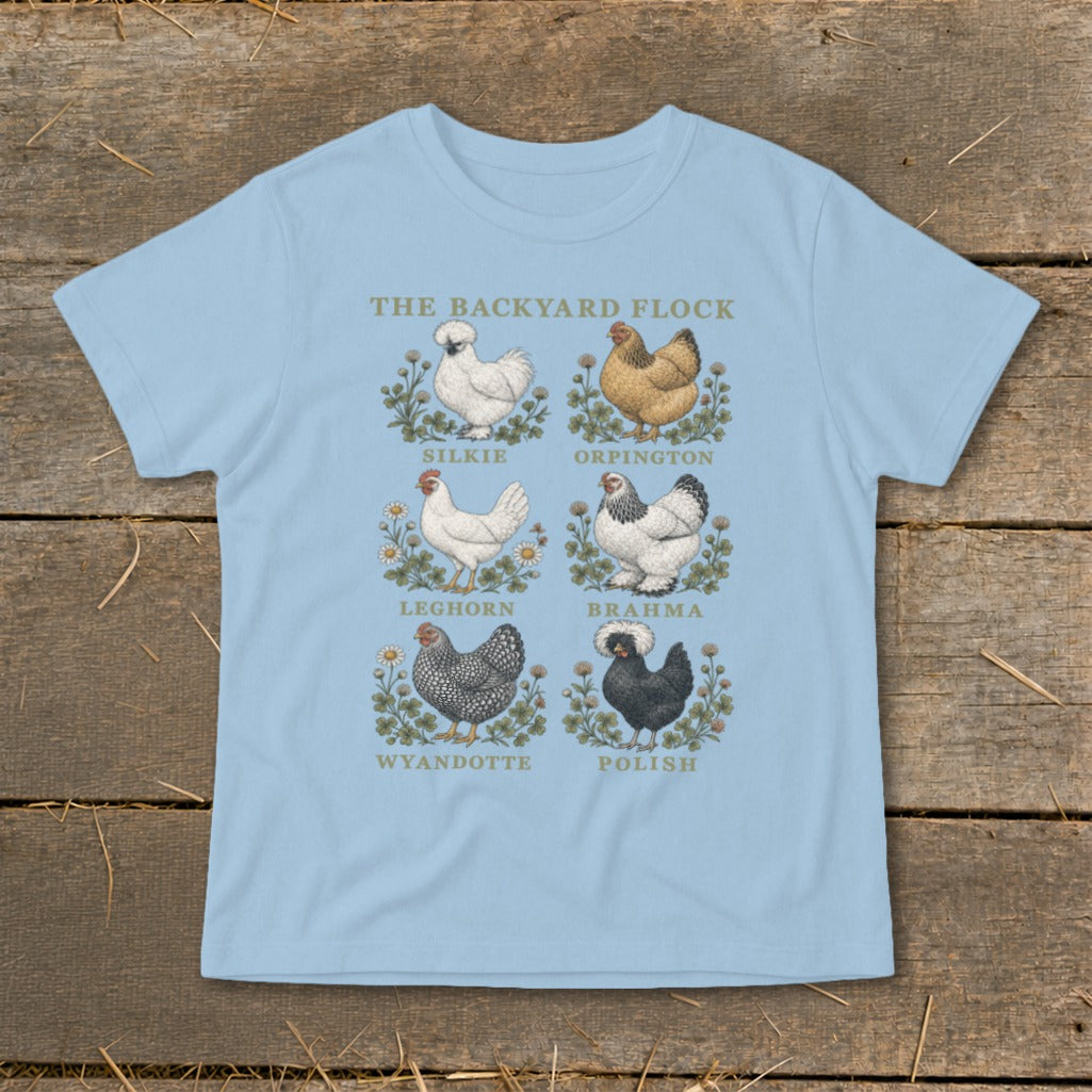 The Backyard Flock t-shirt features illustrations of six chicken breeds: Silkie, Orpington, Leghorn, Brahma, Wyandotte, and Polish.