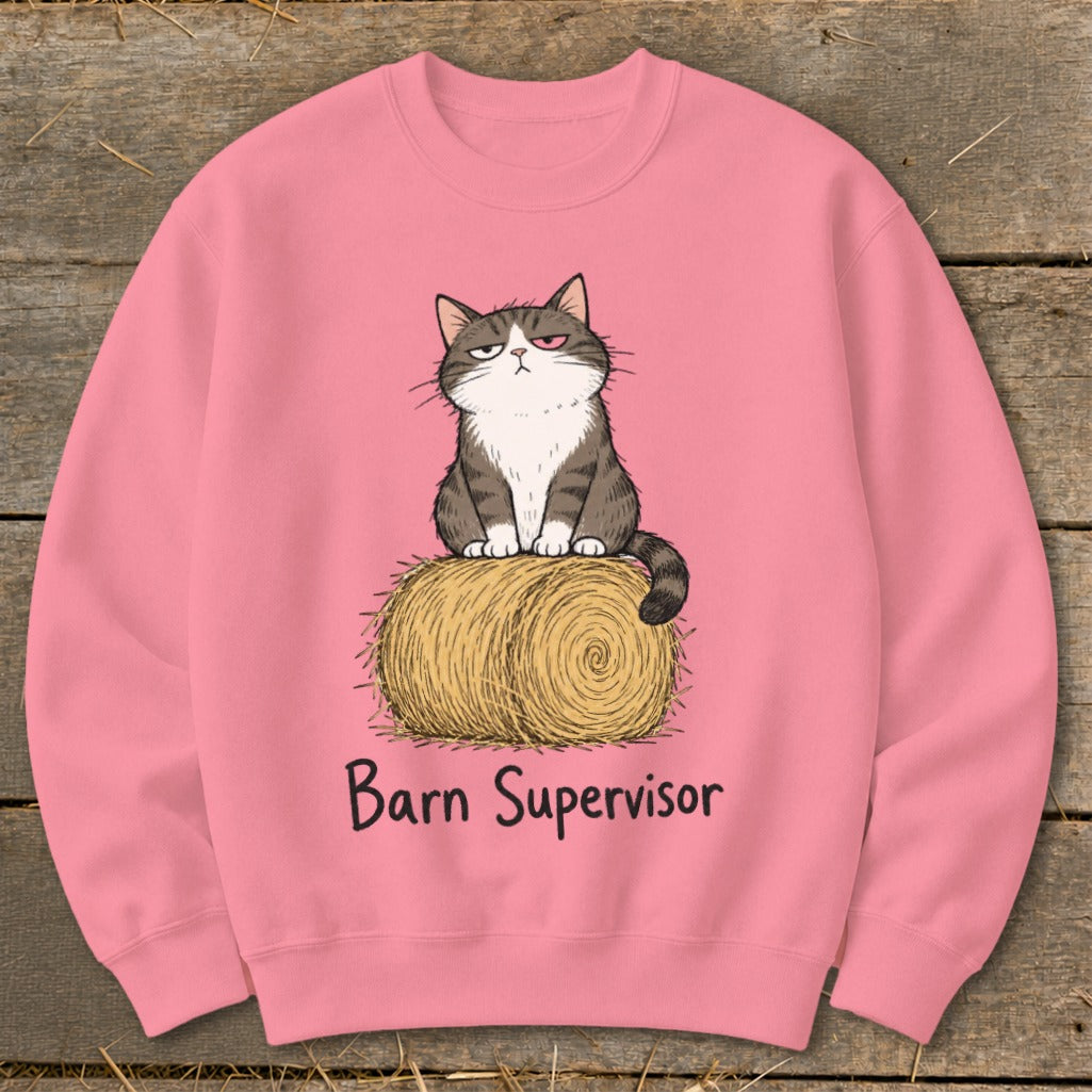 Pink sweatshirt with cartoon cat sitting on hay bale, reading "Barn Supervisor".