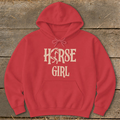 Red hoodie with "HORSE GIRL" graphic featuring a horse silhouette.