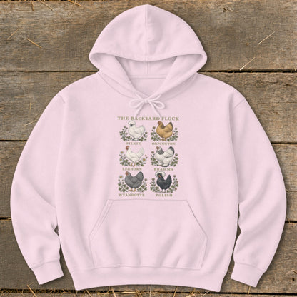 Pink hoodie with "The Backyard Flock" text and illustrations of six chicken breeds.