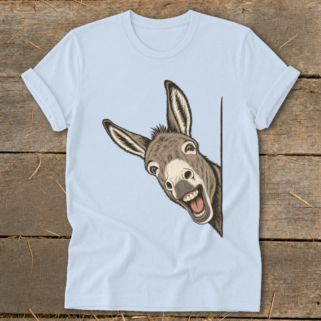 T-shirt with a cartoon donkey peeking around the side, showing a happy expression.