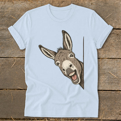 T-shirt with a cartoon donkey peeking around the side, showing a happy expression.
