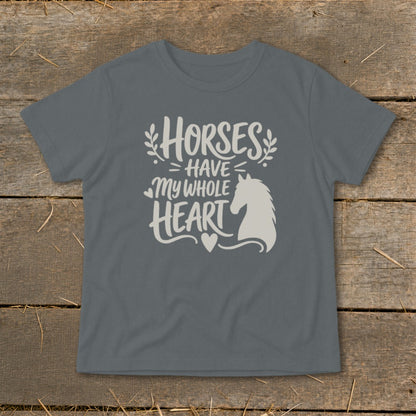 Dark grey t-shirt with "Horses Have My Whole Heart" text and horse silhouette graphic.
