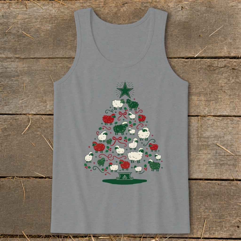 Gray tank top with a Christmas tree design made of red and white sheep.
