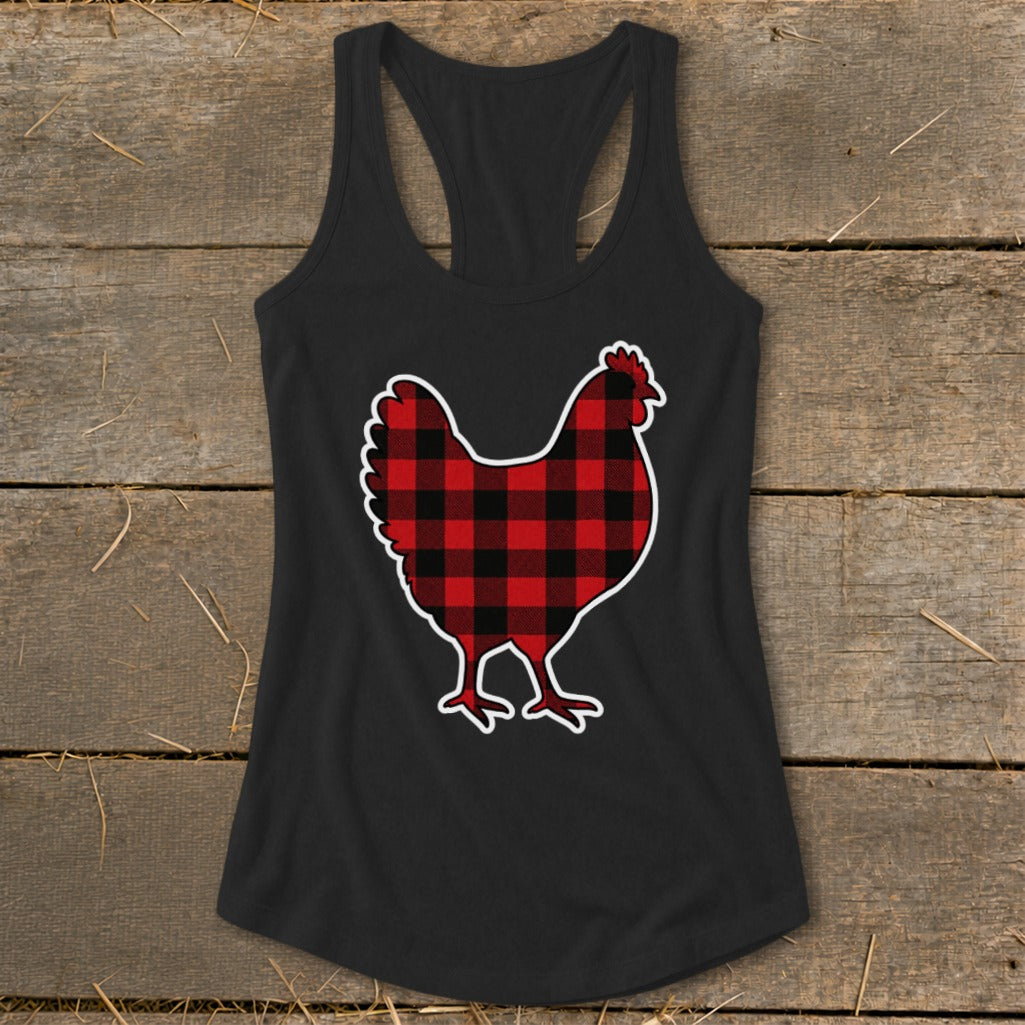 Black tank top with a red and black buffalo plaid chicken graphic.