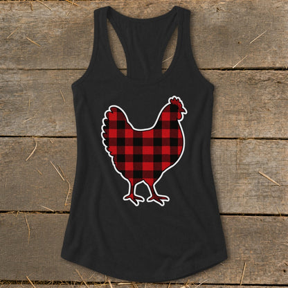 Black tank top with a red and black buffalo plaid chicken graphic.