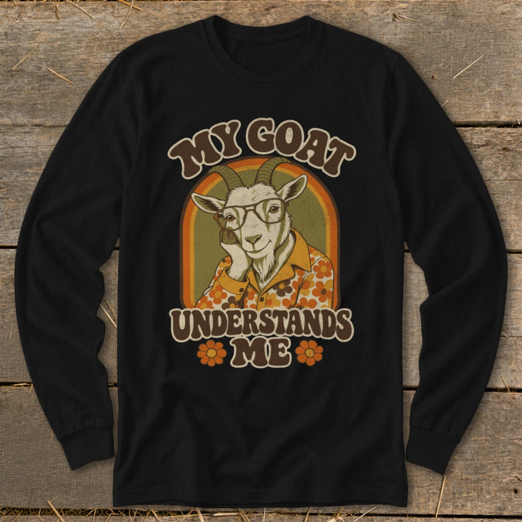 Graphic tee with retro goat wearing glasses and a patterned shirt. Text reads "My Goat Understands Me".