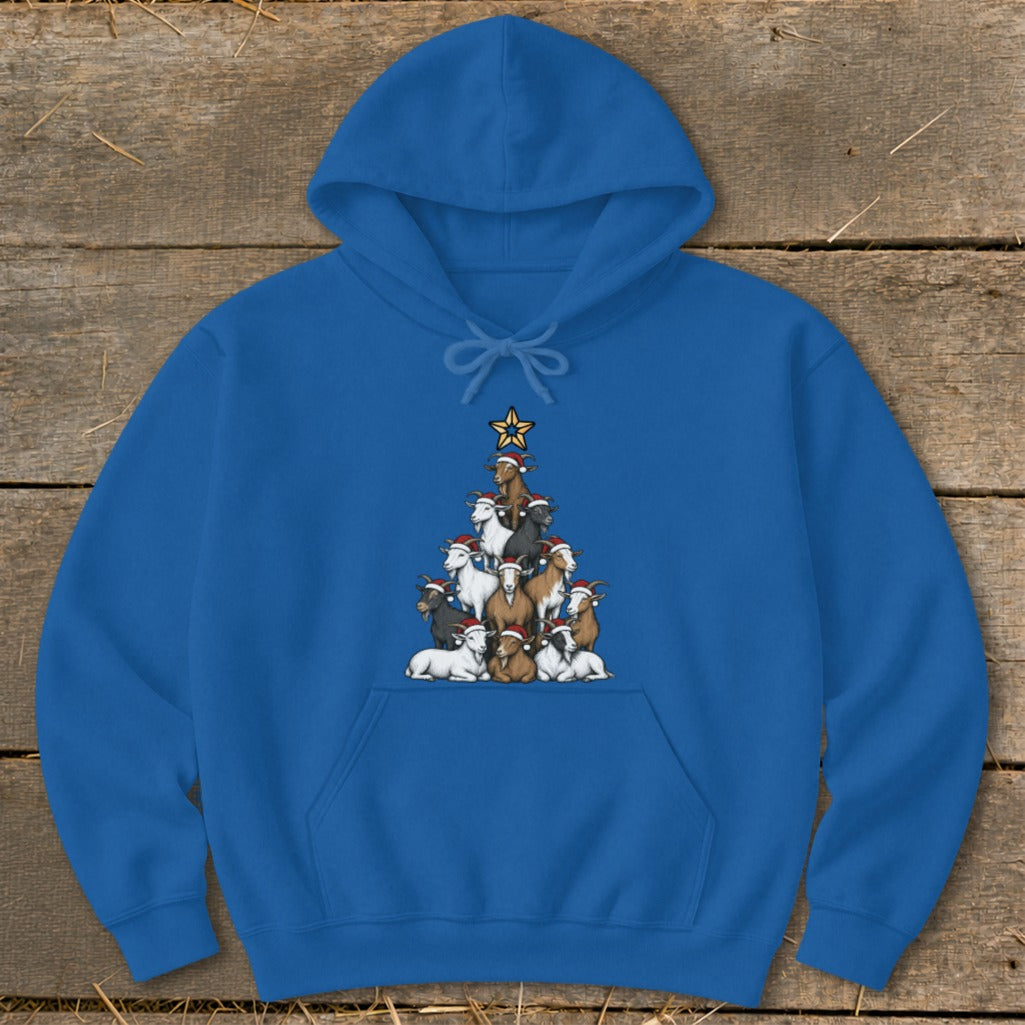 Blue hoodie with a Christmas tree made of goats wearing Santa hats.
