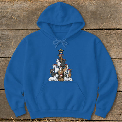 Blue hoodie with a Christmas tree made of goats wearing Santa hats.