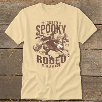 Spooky rodeo graphic with cowboy on horse and text "You Just Yee'd Spooky Rodeo".