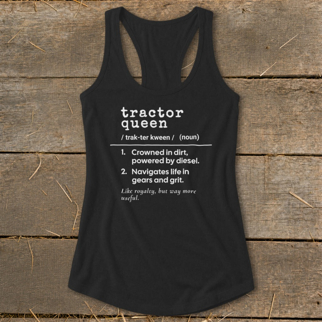 Black tank top with "Tractor Queen" definition in white text.
