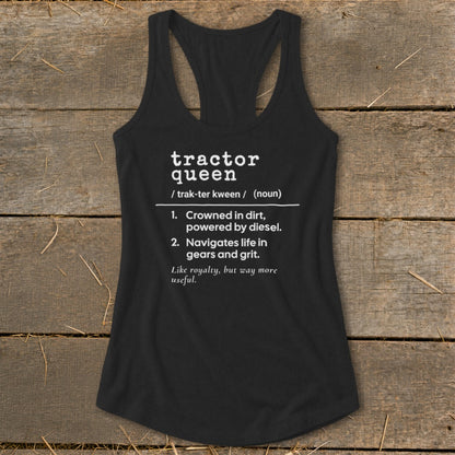Black tank top with "Tractor Queen" definition in white text.