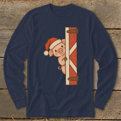 Illustration of a pig wearing a Santa hat peeking around a red barn door.