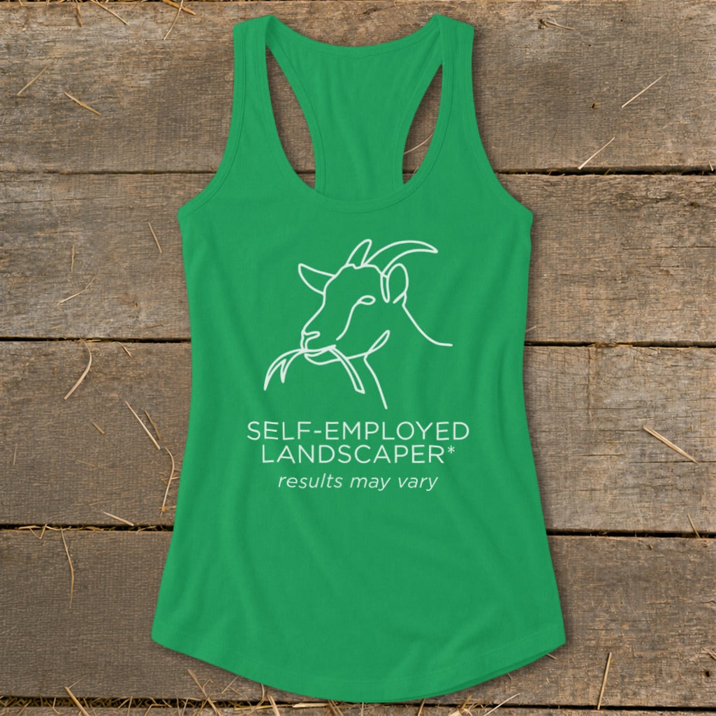 Green tank top with white line drawing of a goat eating grass and text.
