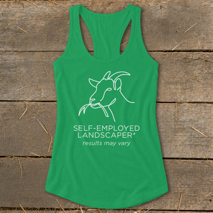 Green tank top with white line drawing of a goat eating grass and text.
