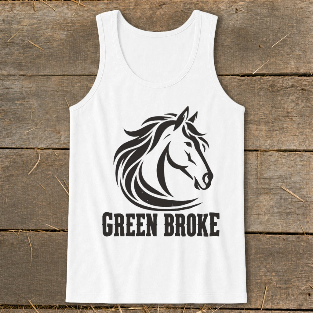 White tank top featuring a black horse head graphic and the text GREEN BROKE on a wooden background.