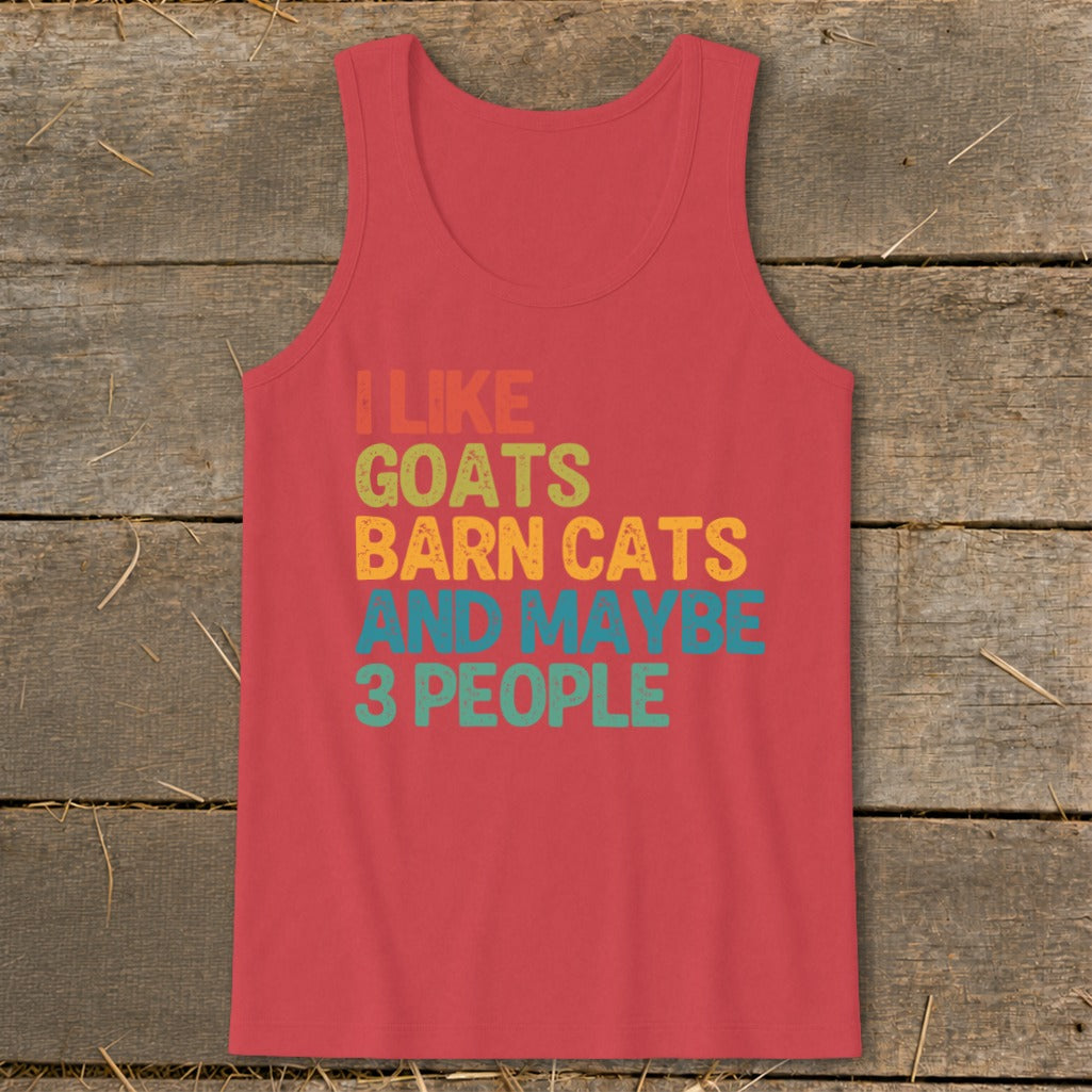 Red tank top with text "I like goats, barn cats and maybe 3 people."