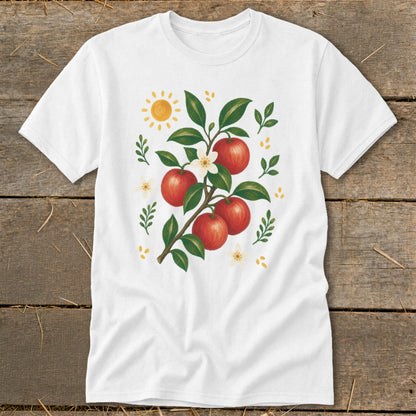 White t-shirt with a watercolor illustration of red apples on a branch with flowers.