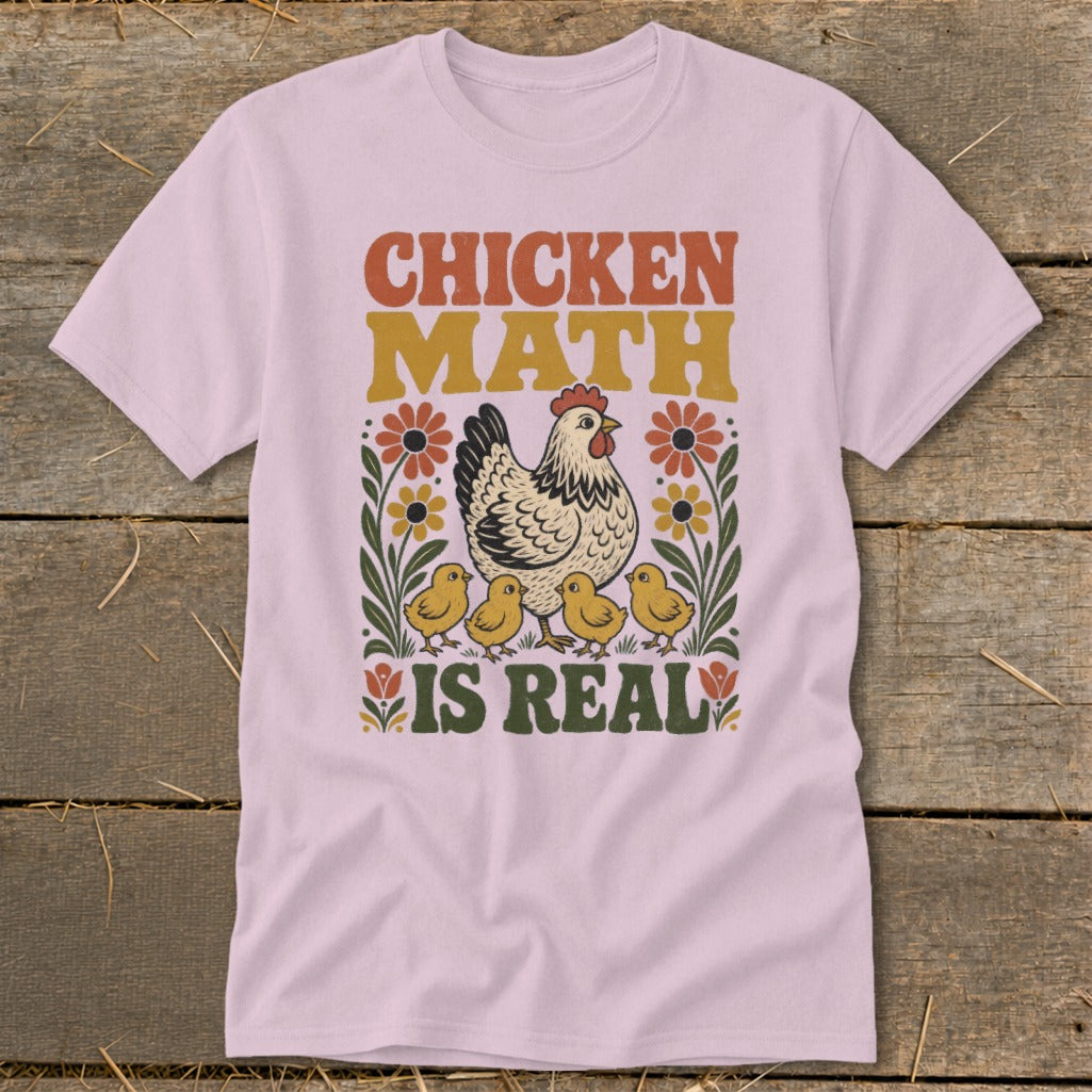 Pink t-shirt with "CHICKEN MATH IS REAL" text and chicken illustration.
