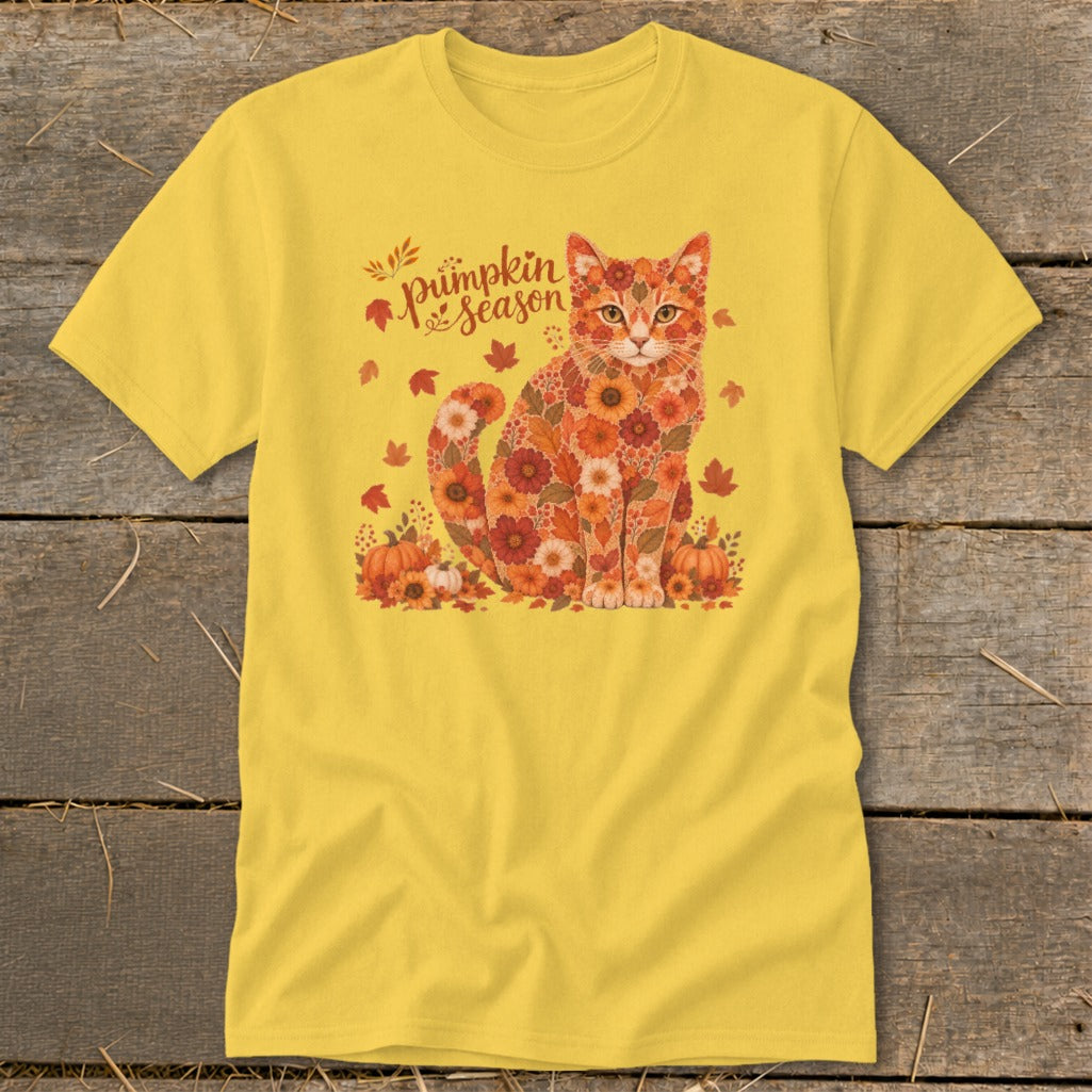 Yellow t-shirt with a cat made of autumnal flowers and pumpkins, "Pumpkin Season" text.