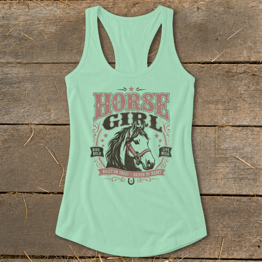 Light green tank top with "Horse Girl" graphic featuring a horse's head and text.