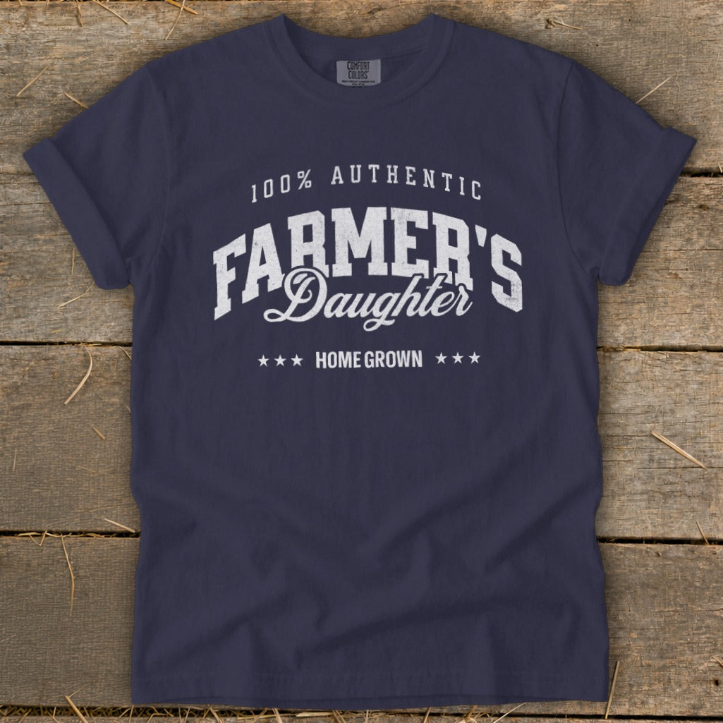 Navy t-shirt with "100% Authentic Farmer's Daughter Home Grown" text.