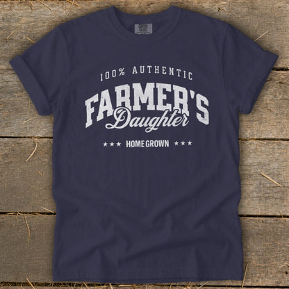Navy t-shirt with "100% Authentic Farmer's Daughter Home Grown" text.