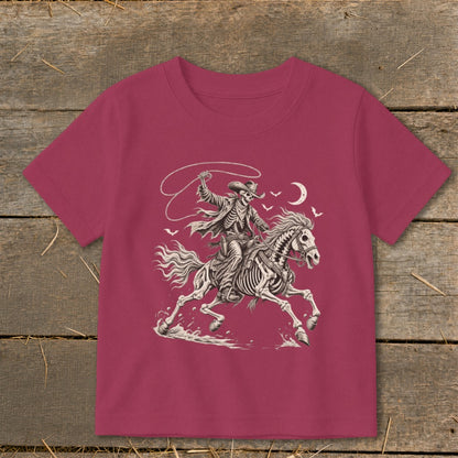 Skeleton cowboy on horseback with lasso under a crescent moon and birds.