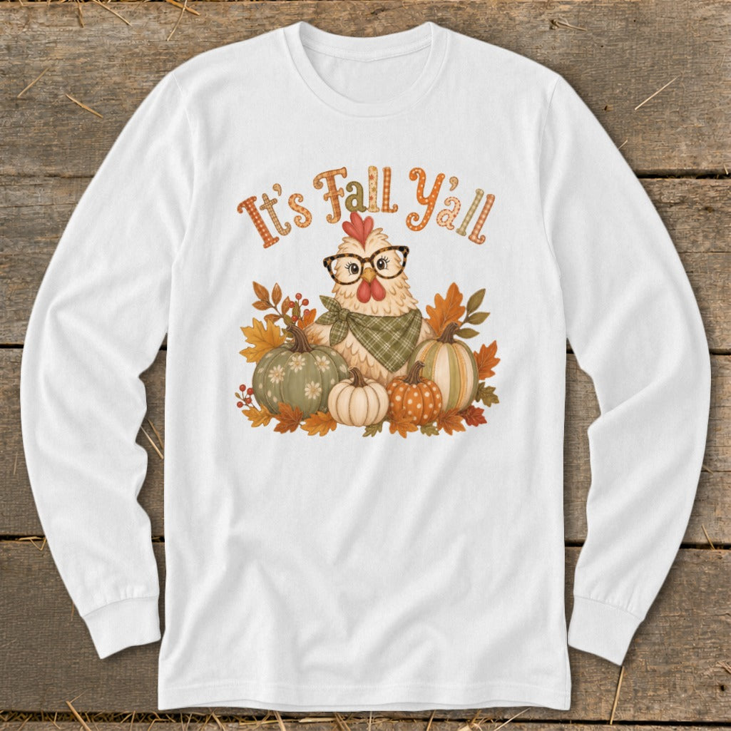 White long-sleeve shirt with chicken, pumpkins, and "It's Fall Y'all" text.