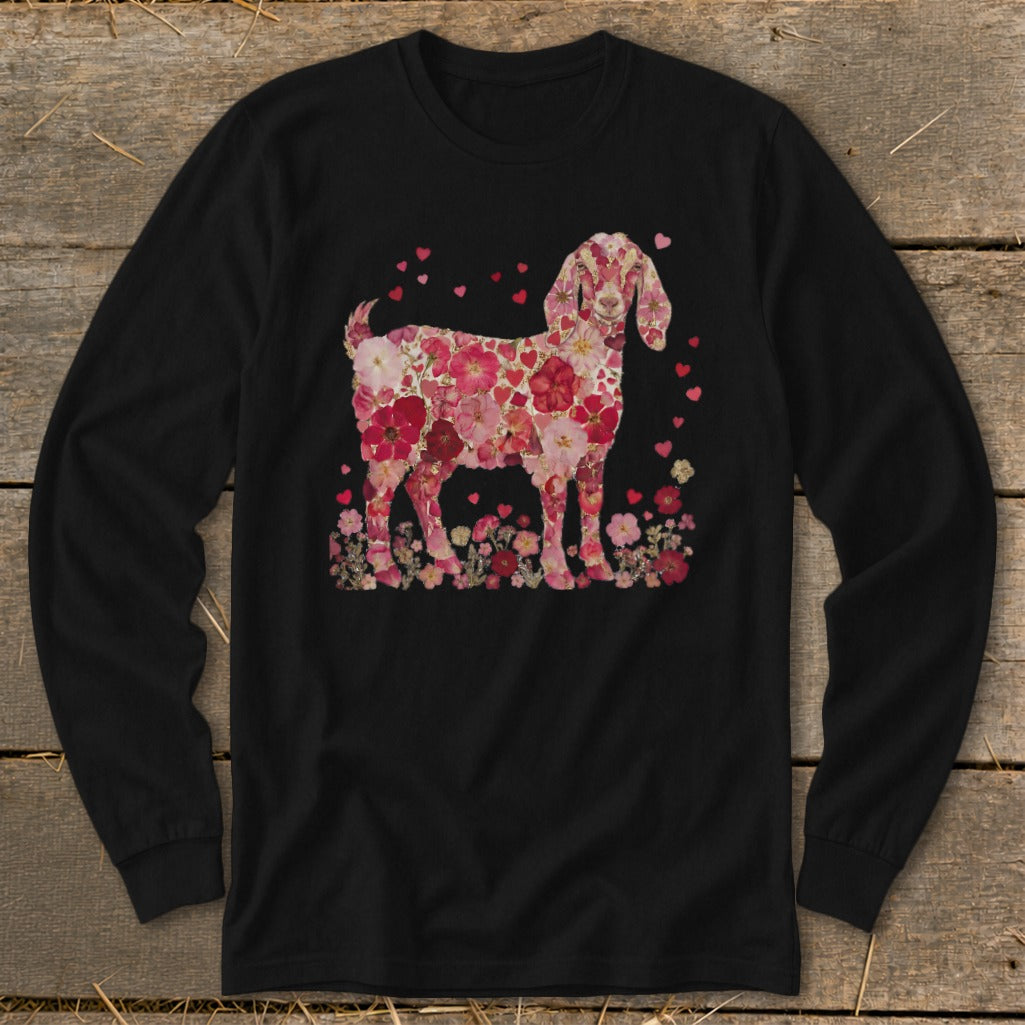 Black long-sleeve shirt with a goat silhouette filled with pink and red flowers and hearts.