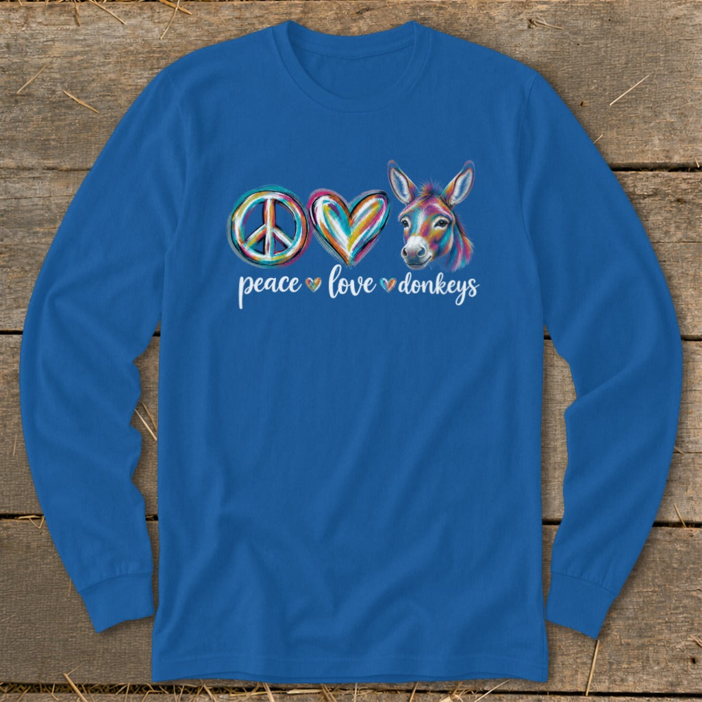 Long sleeve blue shirt with "Peace Love Donkeys" text and colorful donkey graphic.
