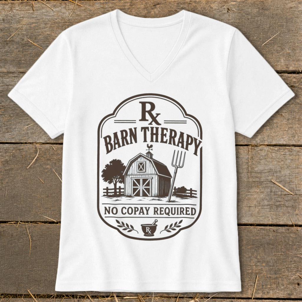 White t-shirt with "Barn Therapy" and "No Copay Required" text and barn graphic.