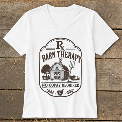 White t-shirt with "Barn Therapy" and "No Copay Required" text and barn graphic.