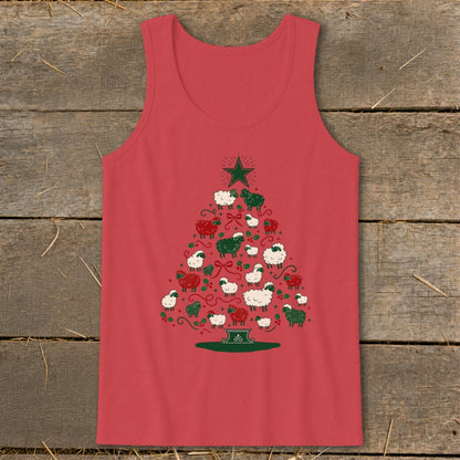 Red tank top with a Christmas tree made of white and green sheep.