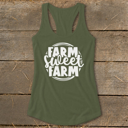 Green tank top with white text reading "FARM Sweet FARM" in a circle.