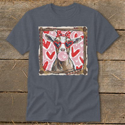Goat wearing heart sunglasses and red bow blowing bubblegum, surrounded by hearts.