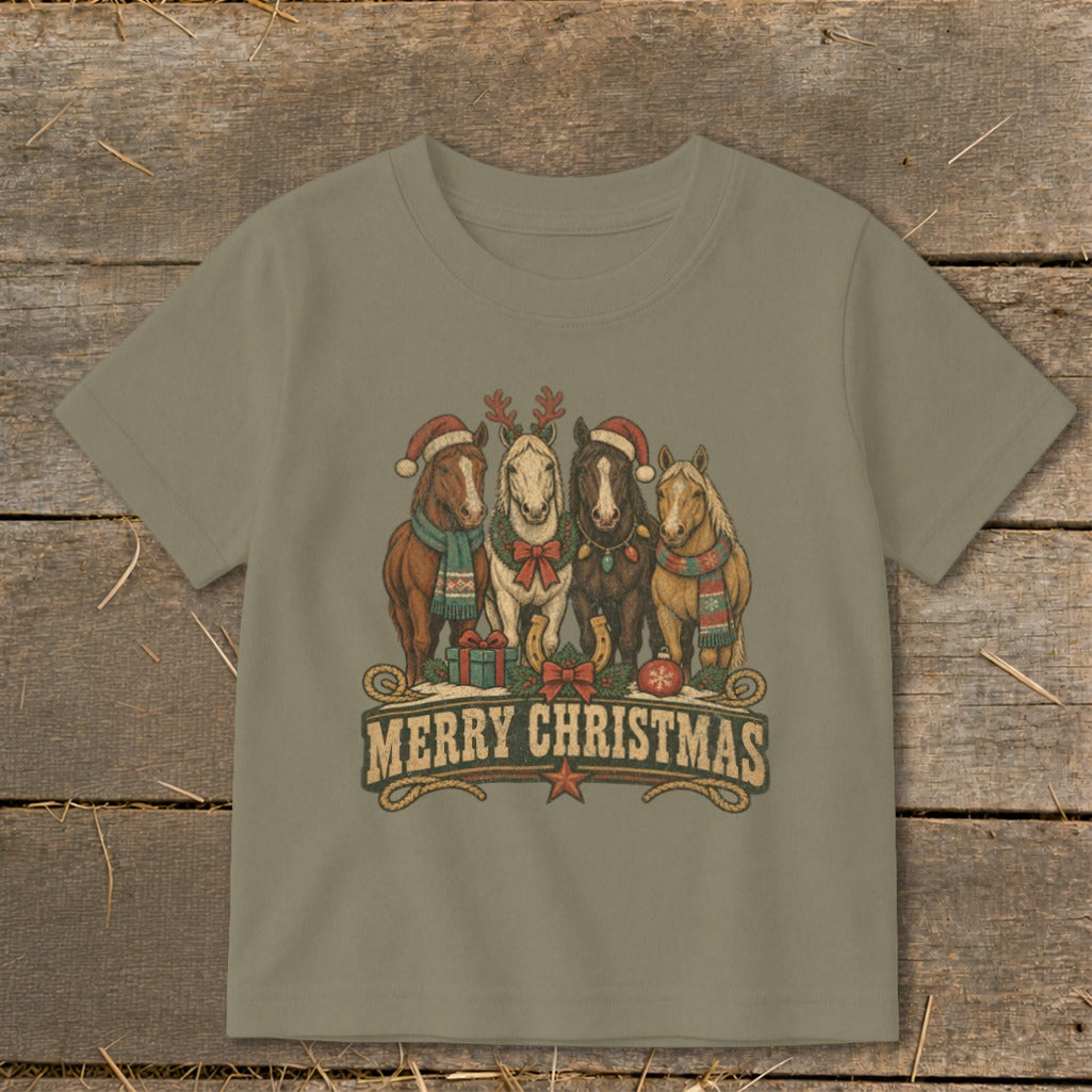 Four horses wearing Christmas hats and scarves with "Merry Christmas" text below.