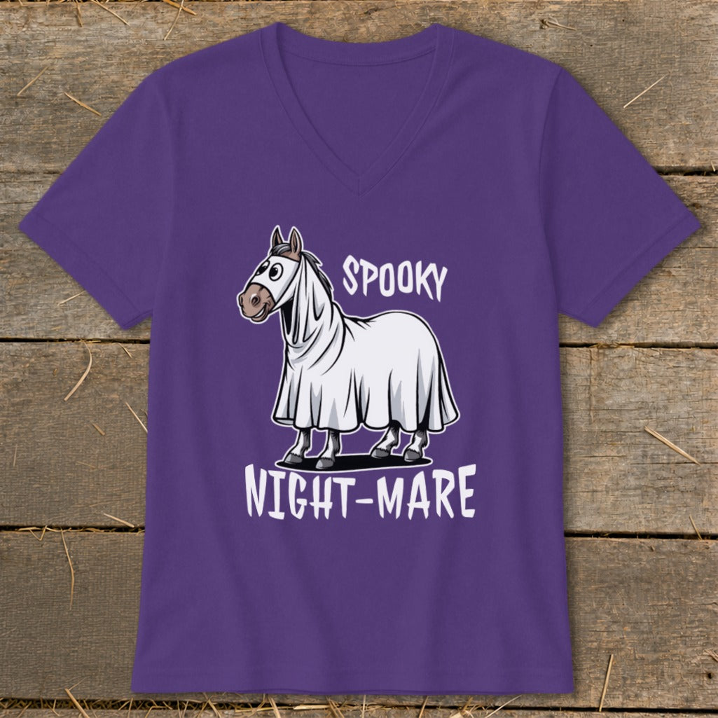 Purple t-shirt with cartoon horse in ghost costume, "SPOOKY NIGHT-MARE" text.