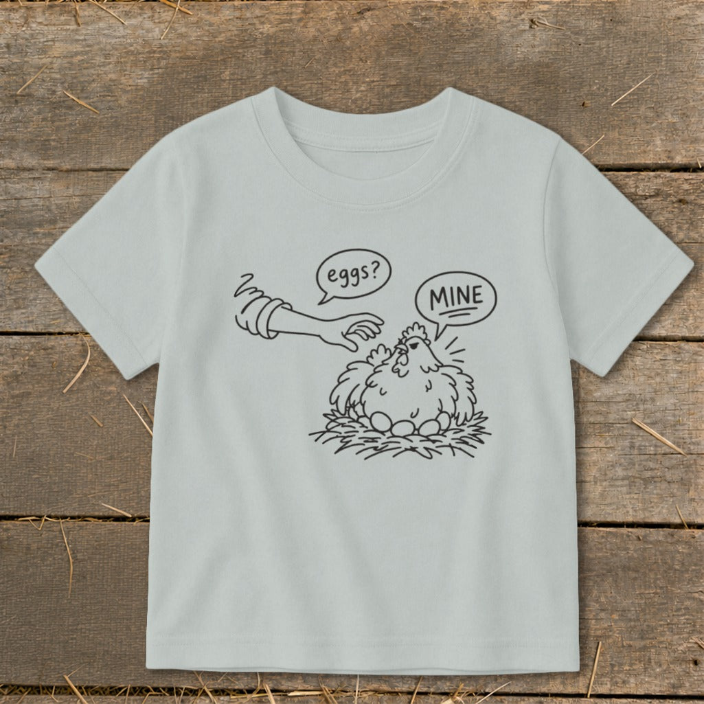 Illustration of a chicken on a nest of eggs with text bubbles saying "eggs?" and "MINE".