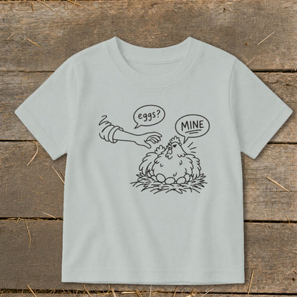 Illustration of a chicken on a nest of eggs with text bubbles saying "eggs?" and "MINE".