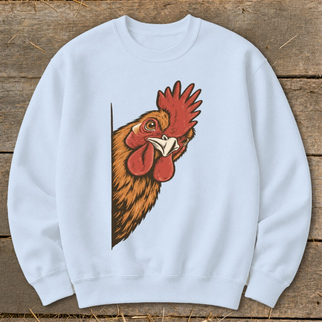 Light blue sweatshirt with a peeking rooster illustration on the front.