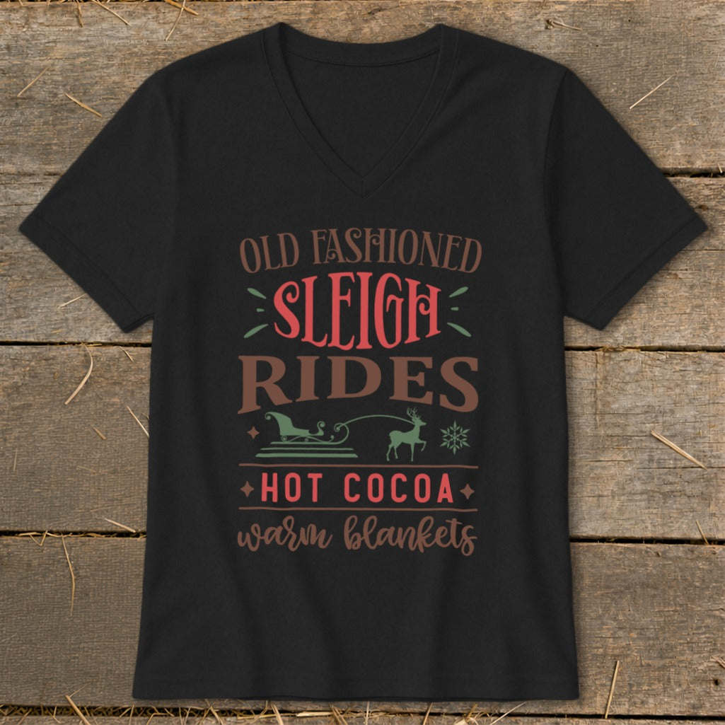 Black t-shirt with "Old Fashioned Sleigh Rides Hot Cocoa Warm Blankets" text and graphics.