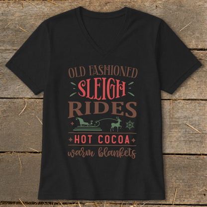 Black t-shirt with "Old Fashioned Sleigh Rides Hot Cocoa Warm Blankets" text and graphics.