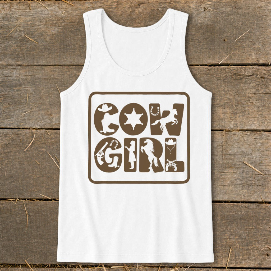 White tank top with brown "Cow Girl" text and western silhouette graphics.