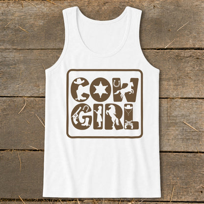 White tank top with brown "Cow Girl" text and western silhouette graphics.
